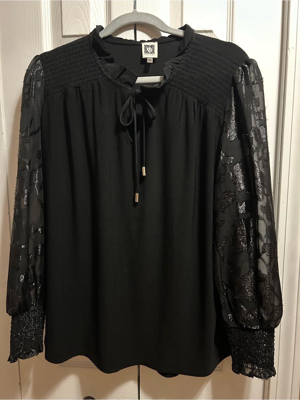 Anne Klein Black Sheer Floral-Sleeve Tie-Neck Blouse